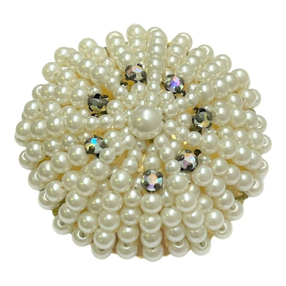 Vintage Japan Seed Pearl Rhinestone Design Brooch